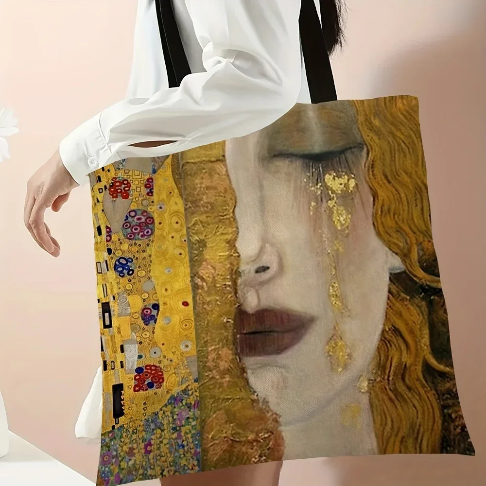 sac fourre-tout artistique baiser peinture à l'huile dorée abstraite grande capacité sac à bandoulière décontracté réutilisable sac à main de personnage de mode 1 pièce