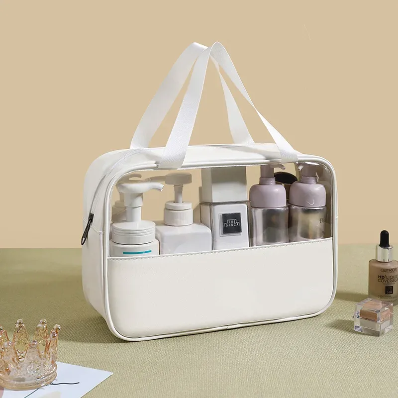 sac à cosmétiques personnalisé avec coutures brodées, sac de bain translucide en pvc de grande capacité, sac de rangement de voyage portable étanche en pu