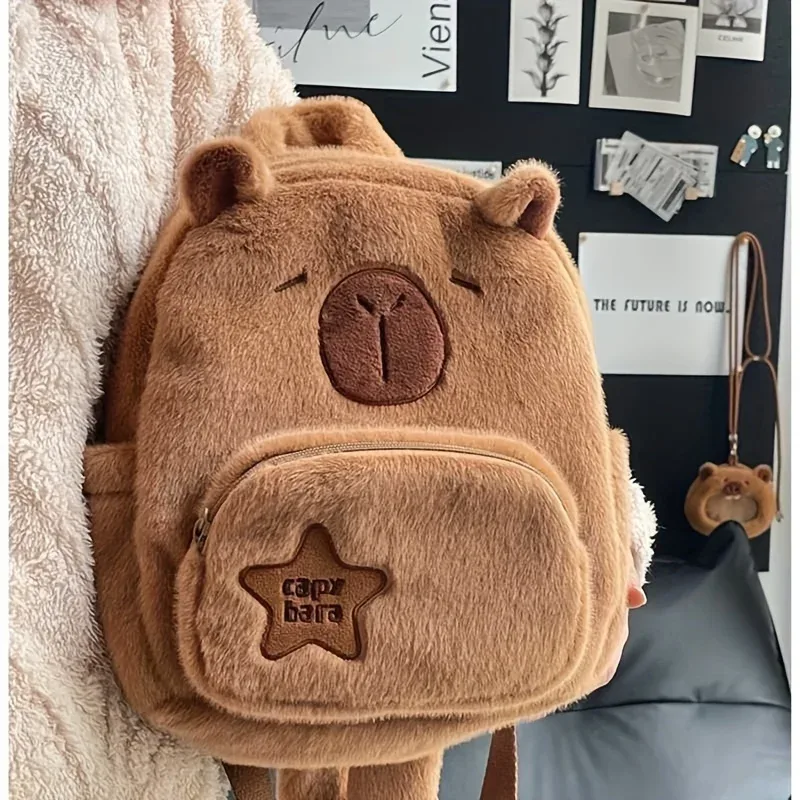 sac à dos en peluche capybara de grande capacité, sac en fausse fourrure imprimé animal de dessin animé mignon, pochette zippée pour femmes, cadeau de noël idéal