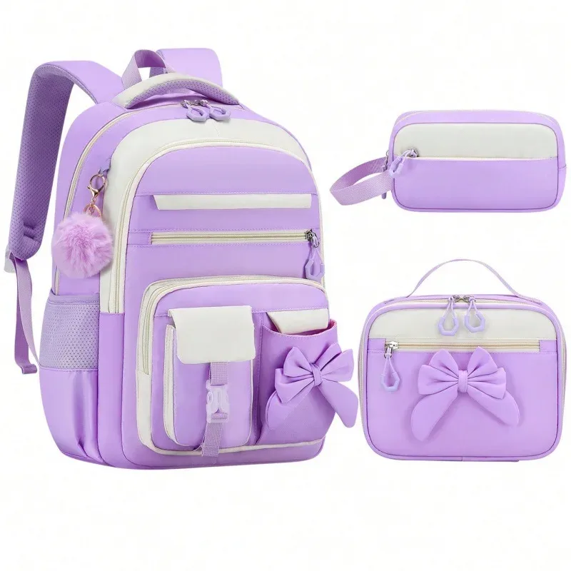Ensemble de 3 sacs à dos scolaires élémentaires grande capacité mignons pour filles du collège avec trousse et boîte à lunch