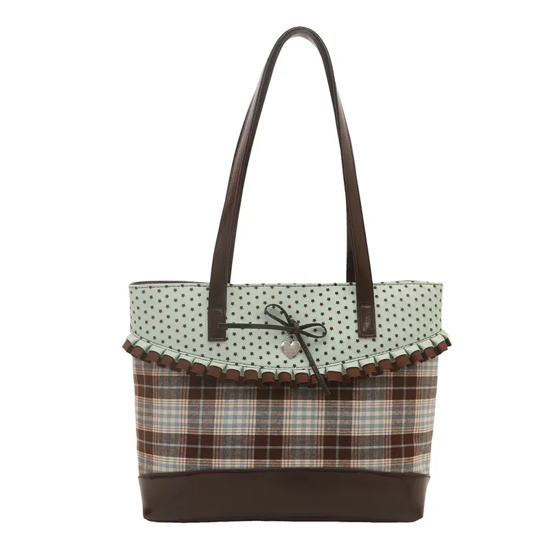 sac fourre-tout vintage à pois et à carreaux grande capacité pour écolière, sac à bandoulière polyvalent simple et haut de gamme