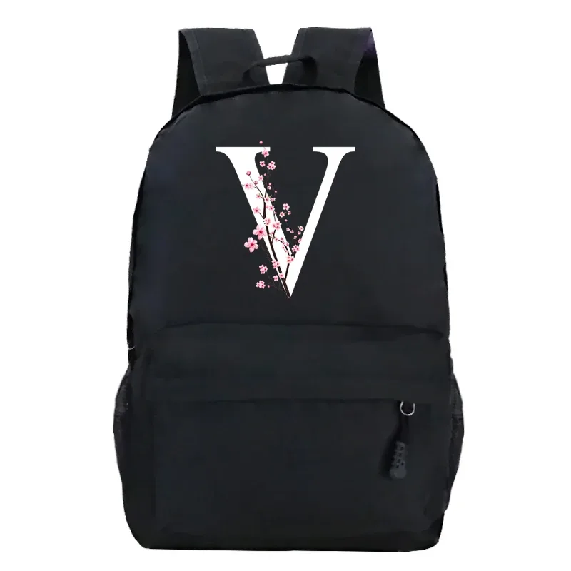 sacs à dos d'école pour jeunes sakura fleur a-z alphabet grande capacité toile harajuku mode fermeture éclair esthétique épaules sacs noirs
