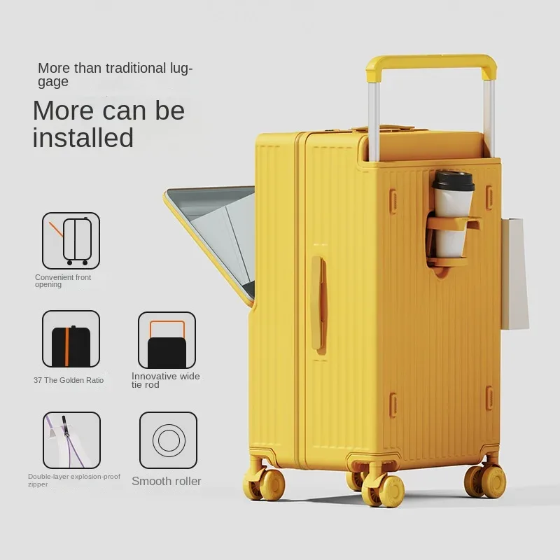 valise pc radiateur jaune rayures verticales poignée amovible roulettes toupie porte gobelet blanc rayures horizontales horizontales usage voyage