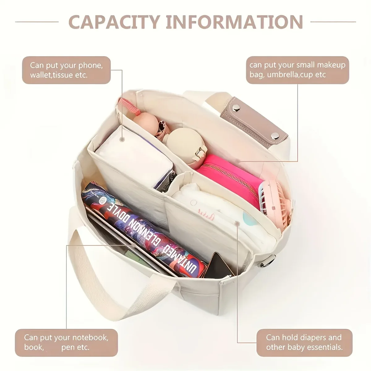 sac à bandoulière multi-poches de grande capacité avec compartiments, design de sac fourre-tout multifonctionnel, poignée robuste, beige
