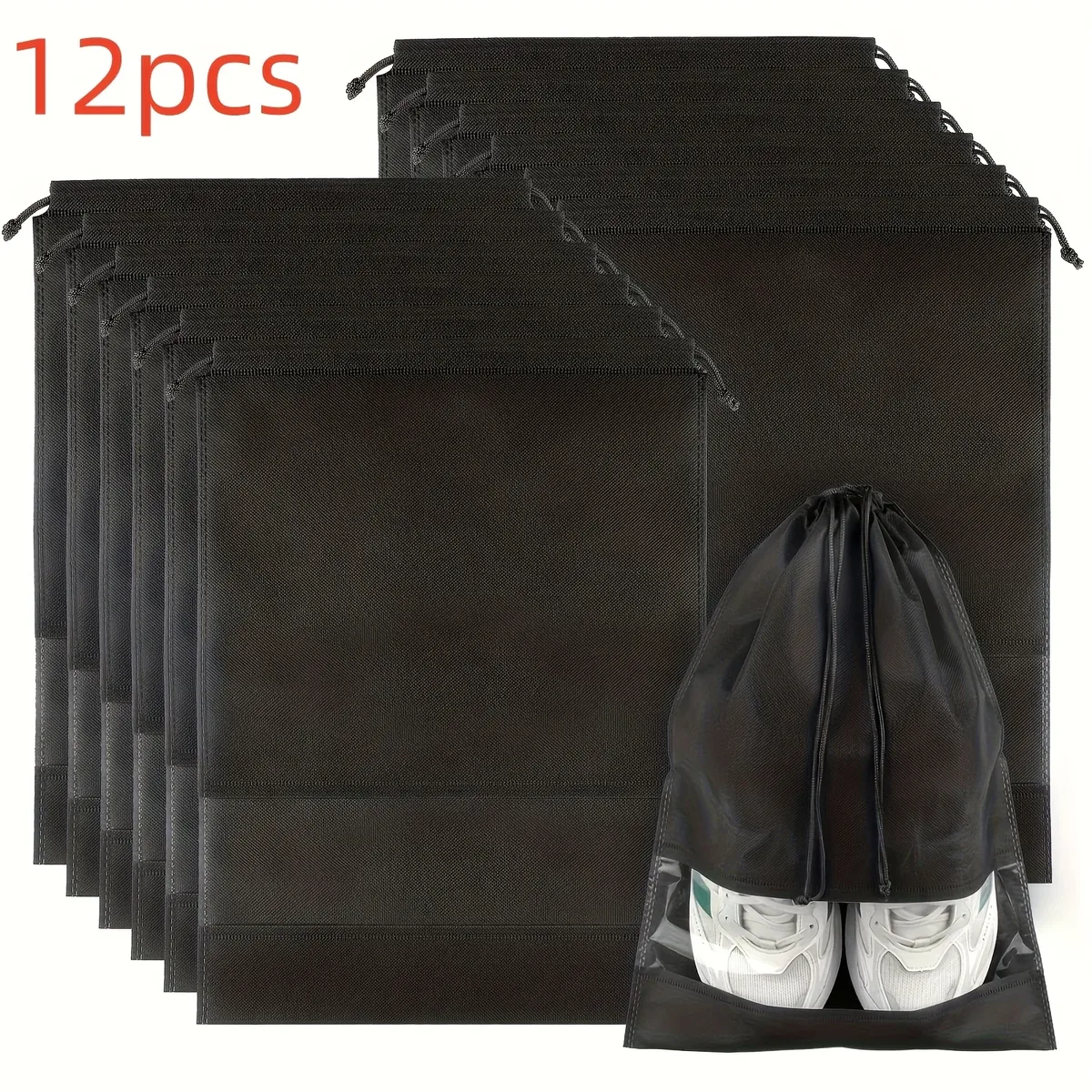 organisateur voyage tissu non tissé sacs rangement noir poches transparentes corde serrage chaussures compression usage travail stockage