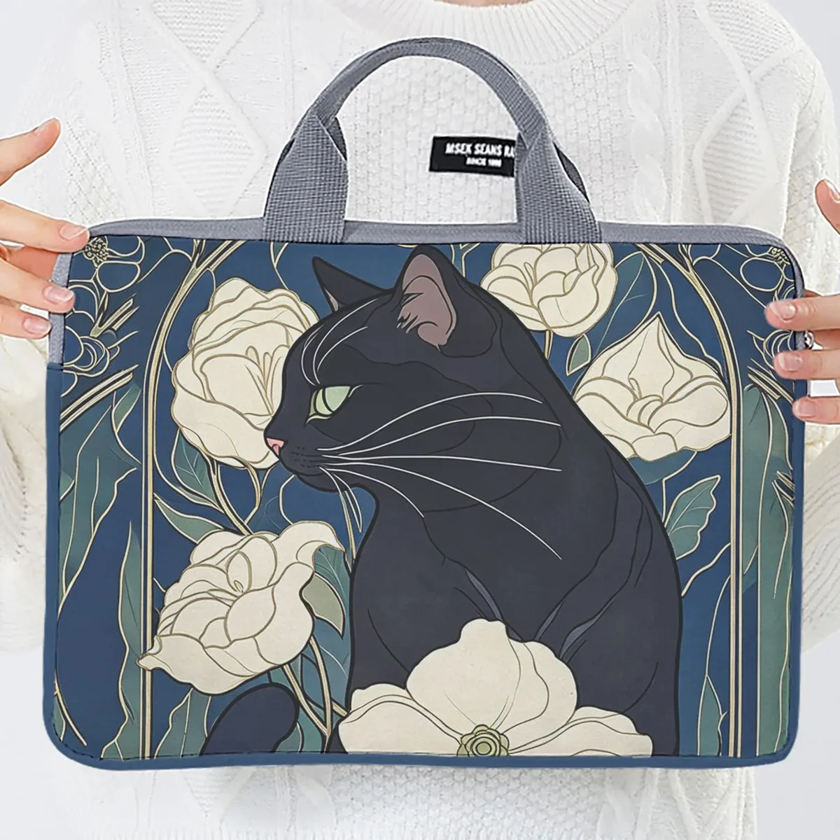 housse ordinateur portable impression chat noir fleurs polyester protection voyage travailler transport document travail