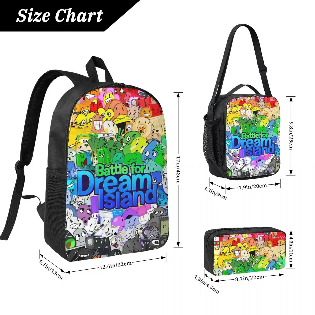 bfdi cast sac à dos étudiant garçons filles bookbag sac d'école ordinateur sacs à bandoulière 3ps sac à déjeuner isolé trousse à crayons