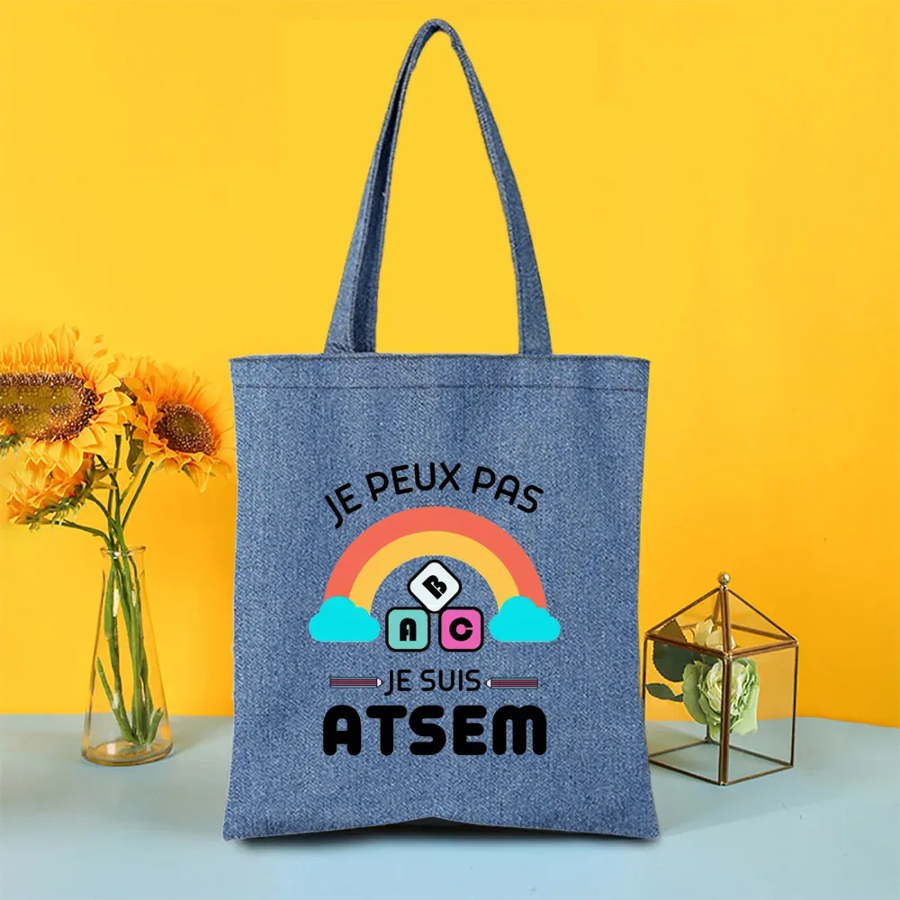 sac fourre-tout en jean imprimé super atsem maitresse, sacs de shopping pour femme, sacs de voyage, cadeau de remerciement pour la fête des enseignants et les diplômés