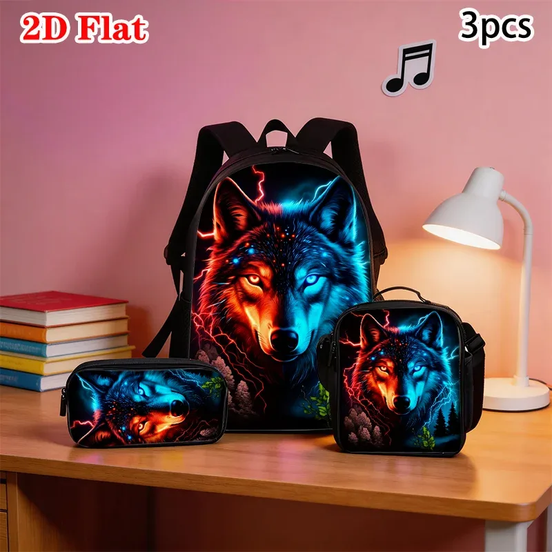 sac dos polyester loup yeux lumineux foudres forêt nocturne bleu rouge voyage décontracté jacquard