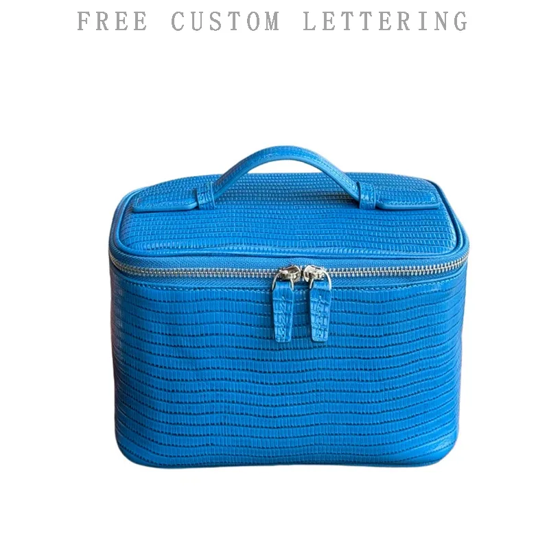 nouvelle trousse de maquillage en cuir véritable à motif lézard, grande capacité, personnalisable avec initiales, sac de voyage portable pour femmes