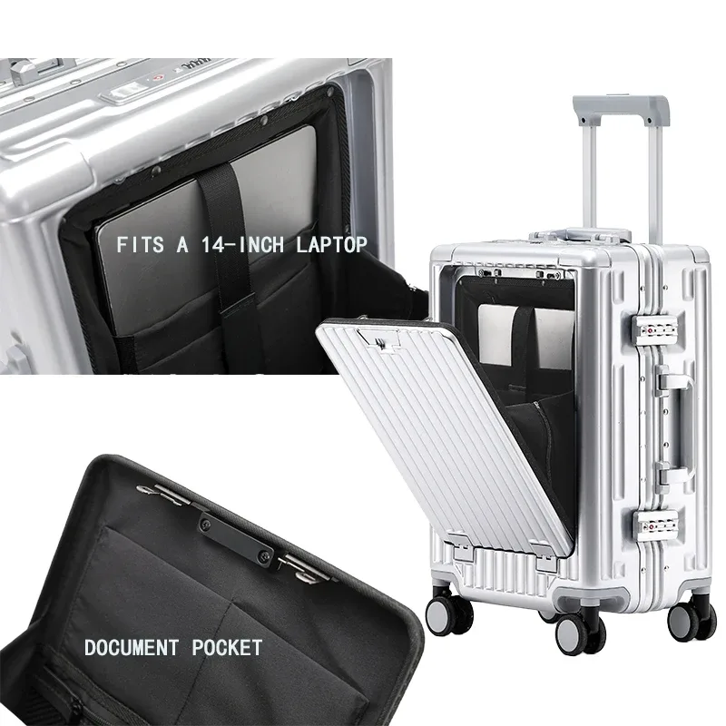 ensemble 1 pièce, valise trolley à cadre en aluminium de 20 pouces, bagage cabine fonctionnel avec frein à absorption des chocs, roues universelles silencieuses, fonction porte-gobelet, fonction porte-téléphone, fonction de chargement usb, idéale pour les voyages d'affaires, les vacances, les courts séjours et comme cadeau.