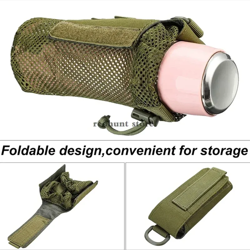 pochette pour bouteille d'eau avec sangles molle, clip ceinture, mousqueton, sac de rangement pliable en maille pour voyage, pêche, chasse, randonnée