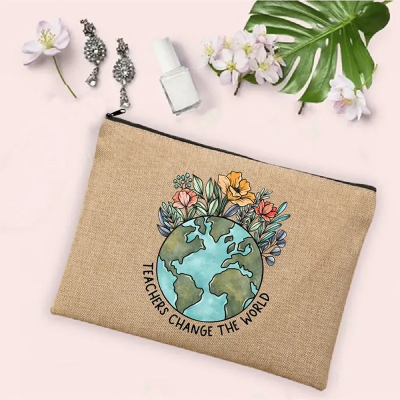 teacher change the world linen powder trousse de toilette de voyage pour femme, trousse de maquillage, cadeau de retour à l'école, sac à cosmétiques