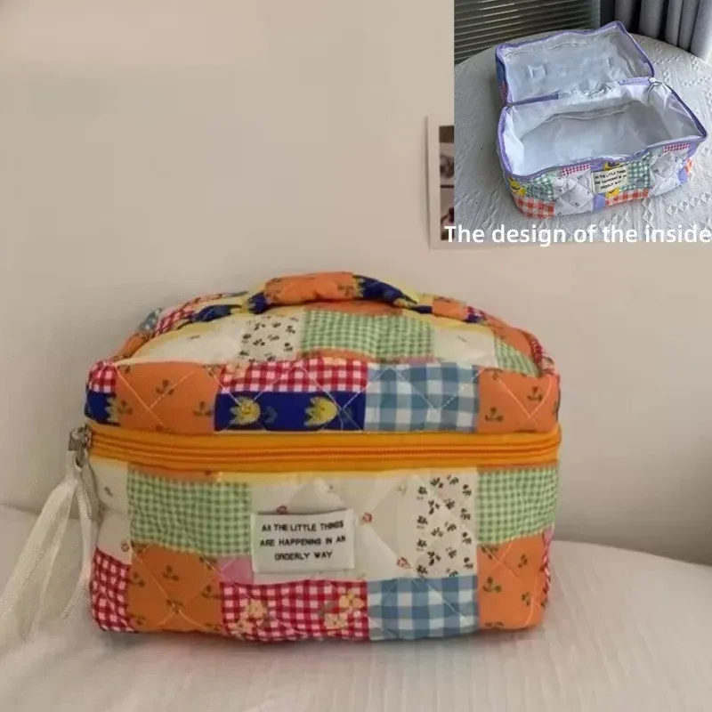 sacs à cosmétiques rétro à fleurs pour femmes, sac de rangement portable de voyage de grande capacité, trousse de maquillage à carreaux floraux pour filles