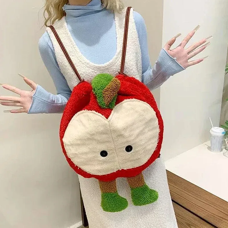 sac dos nylon pomme mignonne rouge blanc peluche grande capacité usage voyage école shopping cadeau enfant
