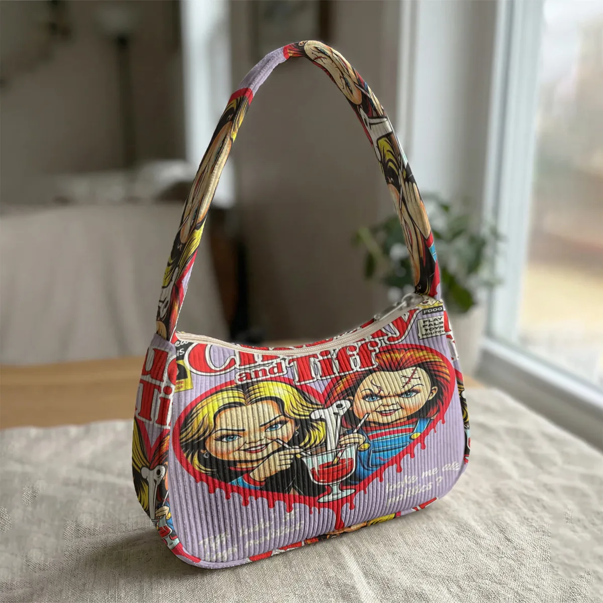 sac à bandoulière tendance imprimé chucky & tiffany, sac sous le bras en velours côtelé pour un usage quotidien décontracté