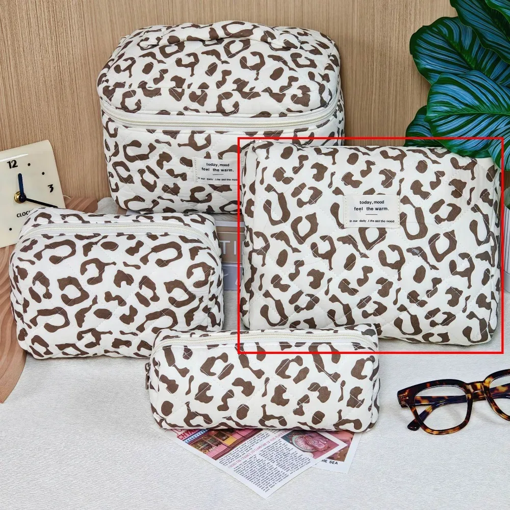 trousse de maquillage matelassée en coton grande capacité avec fermeture éclair, organisateur cosmétique imprimé léopard, sac de toilette portable