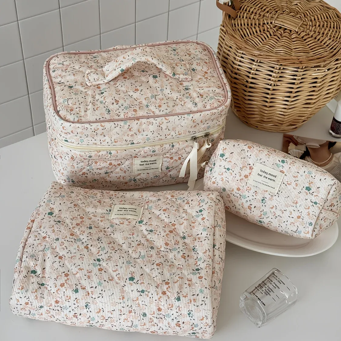 trousse de maquillage matelassurera en coton pour femme, trousse de toilette portable pour fille, sac à main à fermeture éclair pour femme, trousse cosmétique, évaluation, gril, 3 pièces