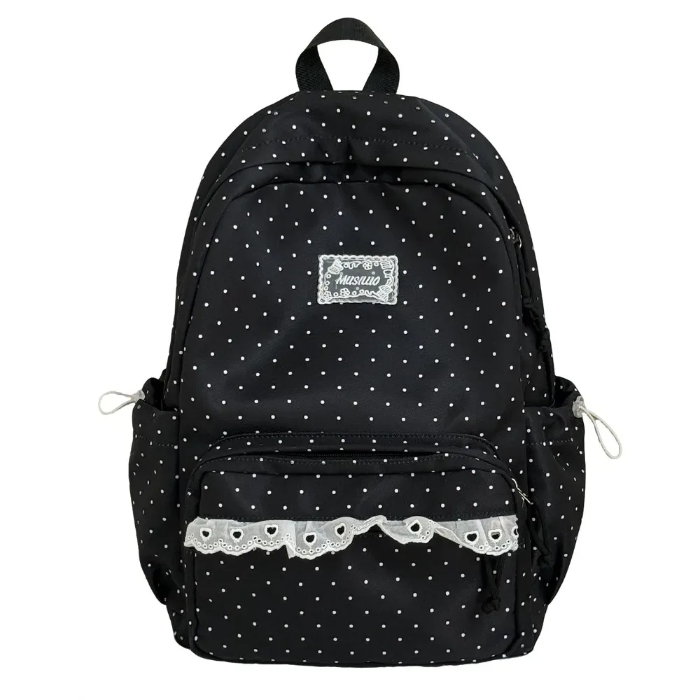 sac à dos y2k à pois, style minimaliste, grande capacité, avec bordure en dentelle, design à nœud, durable, idéal pour les étudiants, l'école et les voyages.