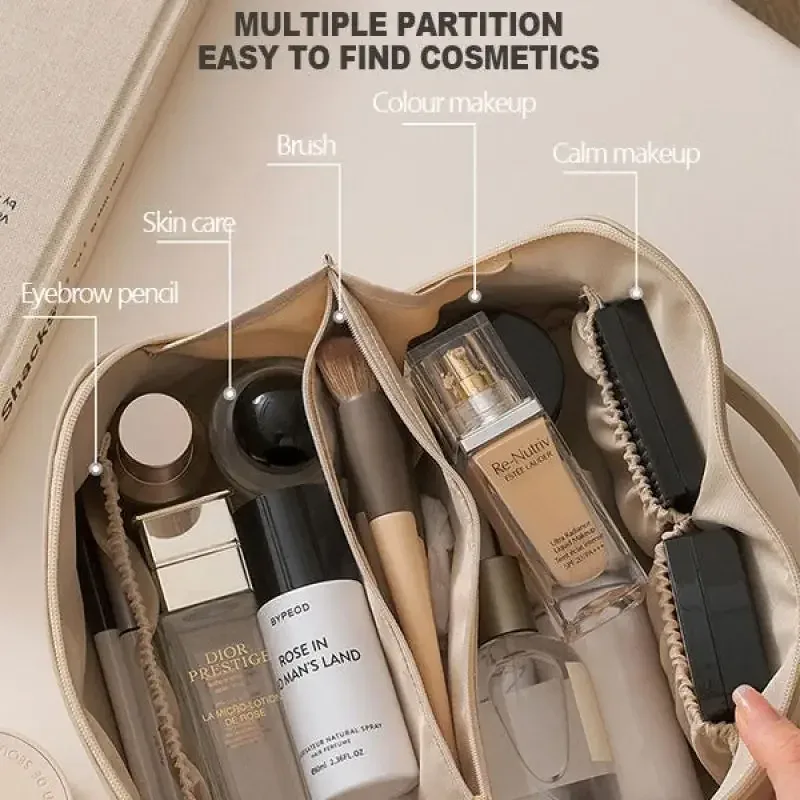 trousse de maquillage de voyage avec double fermeture éclair, grande capacité, organiseur de cosmétiques avec poignée, rangement portable pour articles de toilette pour femmes