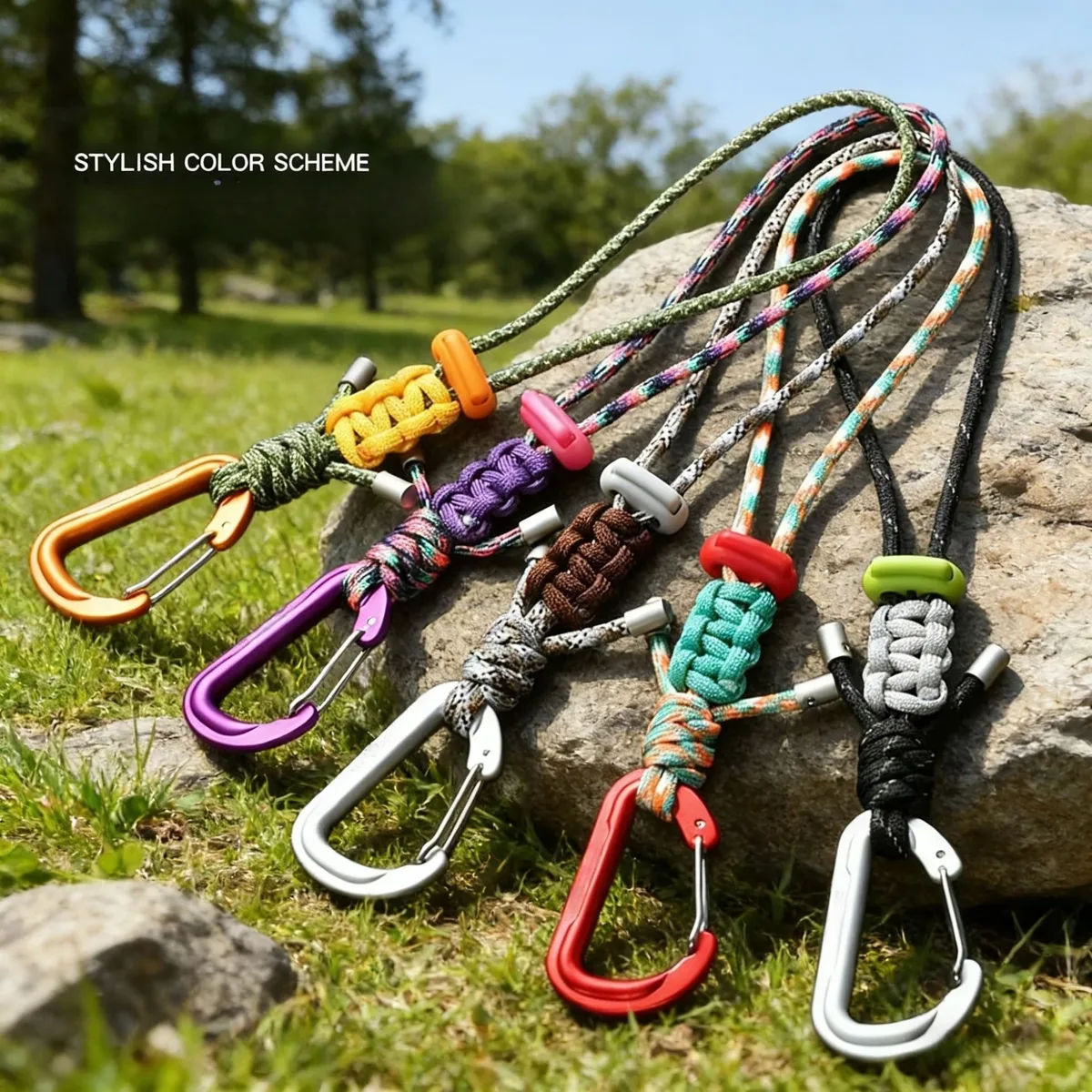 mousqueton multicolore coloré pour extérieur, en paracorde tressé, avec clip de suspension, pour bouteille d'eau, porte-clés, lanière, sac à dos, accessoires de camping et de voyage