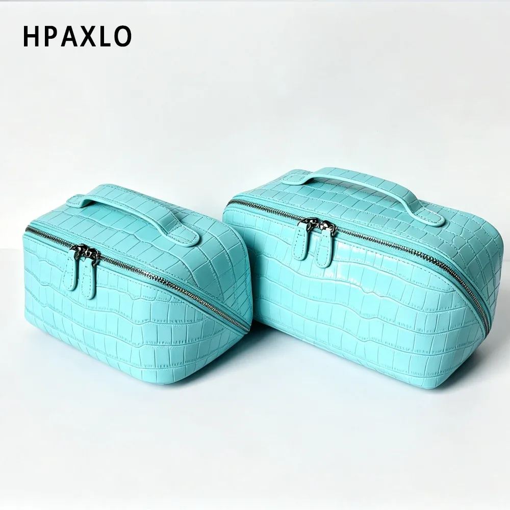 trousse de maquillage en cuir pleine fleur imprimé crocodile bleu, sac de toilette, cadeau femme, étui cosmétique, organisateur de maquillage de voyage