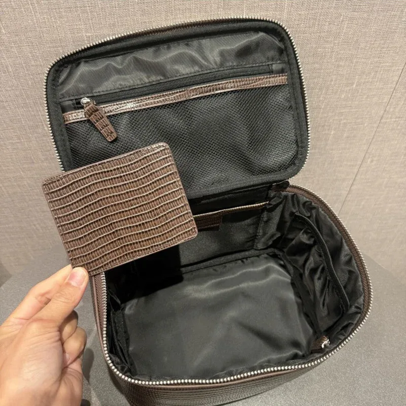 sac de maquillage en cuir de vachette à motif lézard, grande capacité, sac de toilette de voyage, cuir véritable, sac cosmétique portable pour femmes