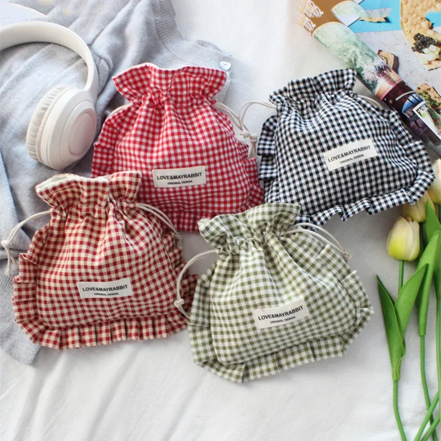 sac à cordon de serrage à carreaux style coréen avec bord festonné, pochette de rangement pour maquillage et bijoux de voyage