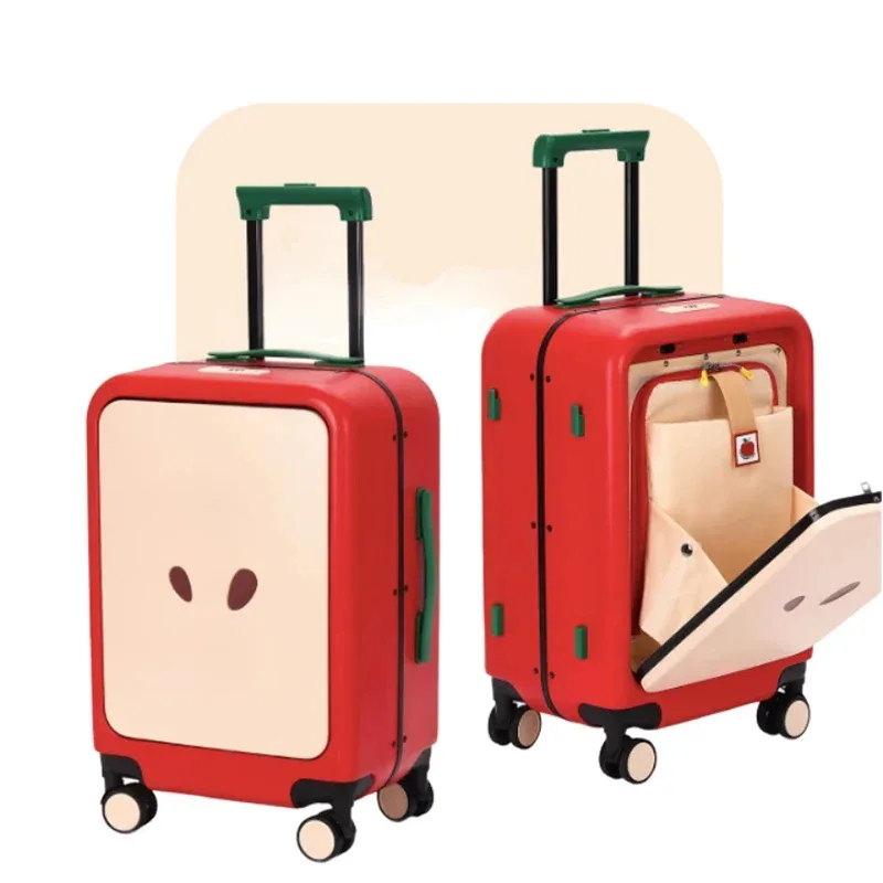 valise à motif de dessin animé pomme, 20 pouces, mignonne, à ouverture frontale, bagage à main avec cadre en aluminium et serrure tsa, valise légère