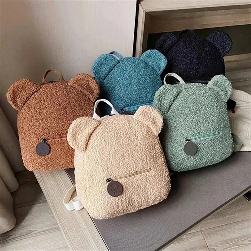 sac à dos en polaire avec oreilles d'ours pour enfants, 1 pièce, petit sac à dos décontracté en laine d'agneau pour filles, cartable pour voyage et shopping