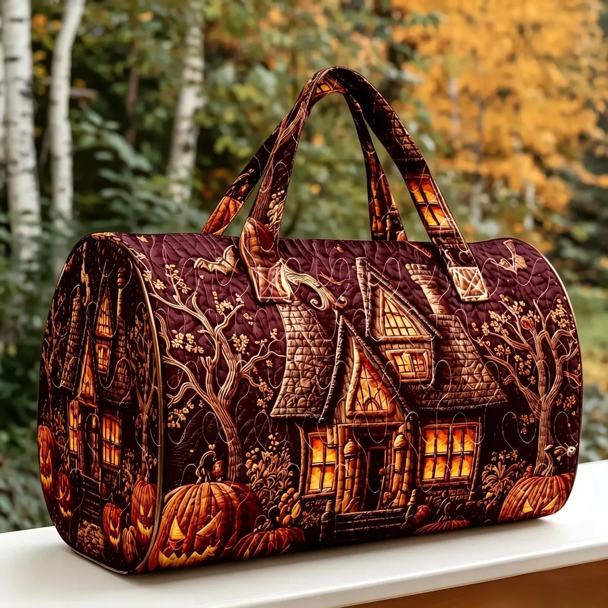 sac de voyage matelassé halloween, motif château fantôme, sac de week-end grande capacité, sac de voyage d'automne, sac de sport, sac de nuit pour femme, sac fourre-tout pour courts séjours.