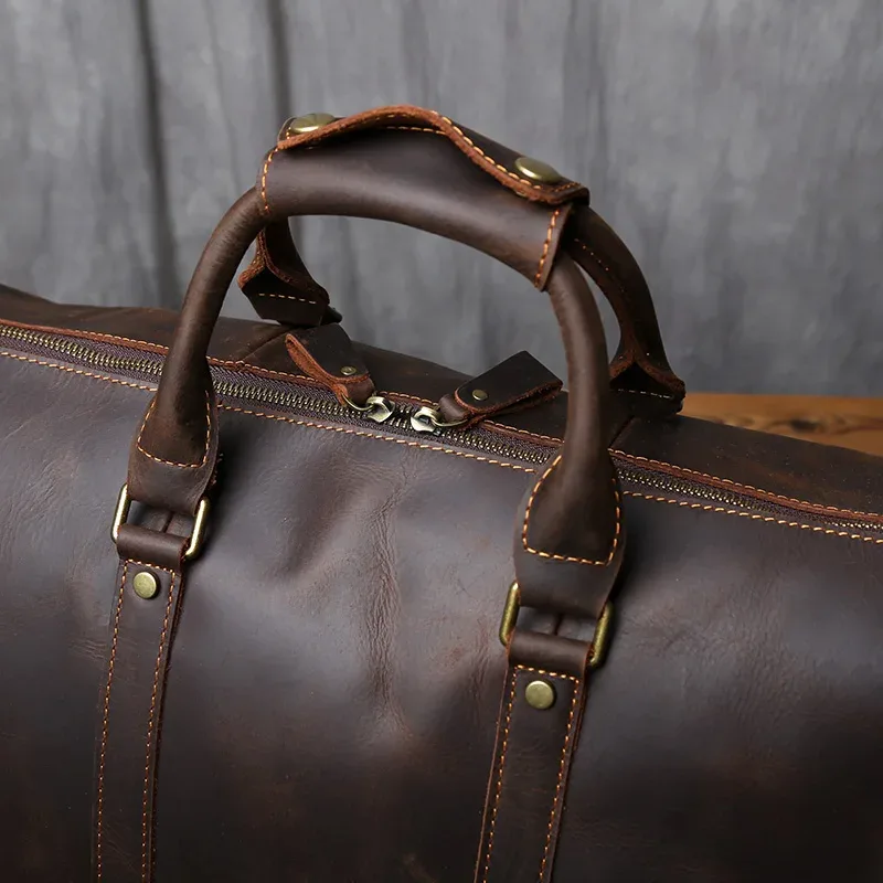 sac de voyage vintage en cuir véritable pour homme nzpj, grande capacité, sac à main en cuir crazy horse, sac à bandoulière en cuir de vache naturel