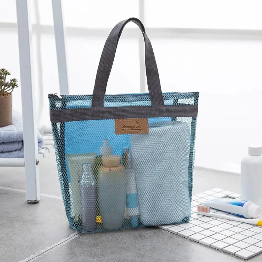 grande trousse de toilette portable en maille avec poignées durables et fermeture éclair pour voyage, plage, natation et rangement