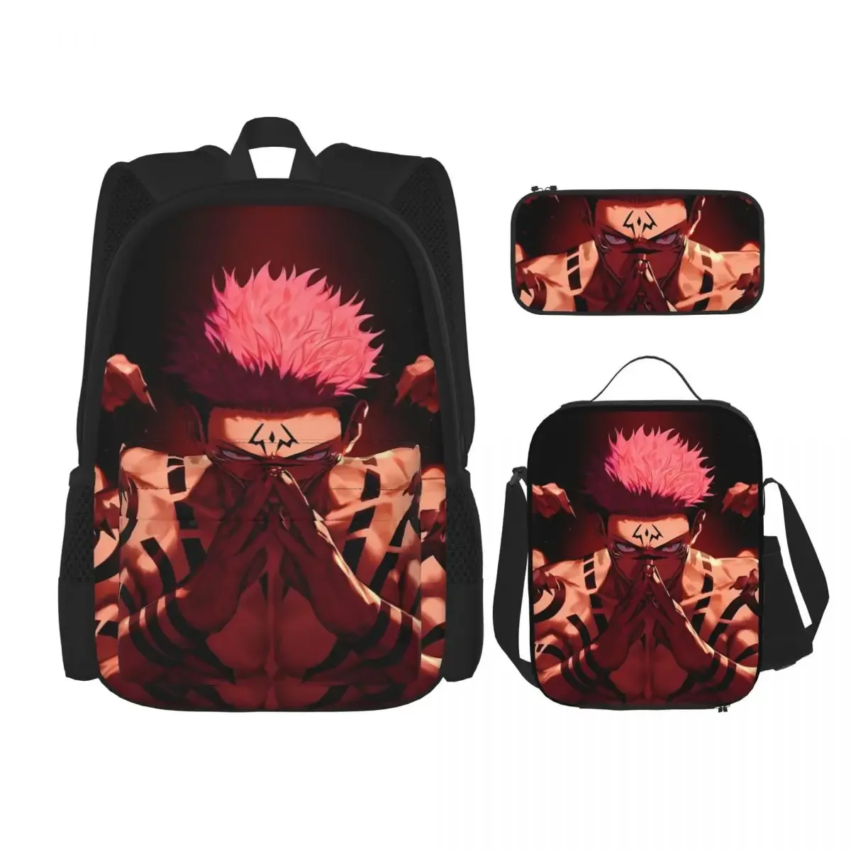 sac dos polyester noir motif animé format grand volume usage étudiant lycéen informatique bandes latérales pochette stylos sac main assorti