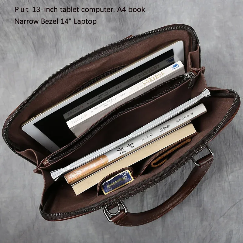 porte-documents vintage en cuir de vache pour hommes, sac à main décontracté, sacoche à bandoulière marron pour ordinateur portable de 14 pouces, nzpj