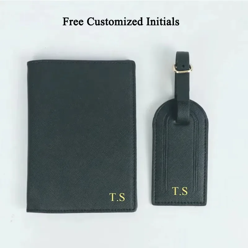 couverture de passeport en cuir saffiano avec initiales personnalisées gratuites, ensemble d'étiquettes de bagages, porte-passeport, étiquette de valise de voyage, accessoires de voyage