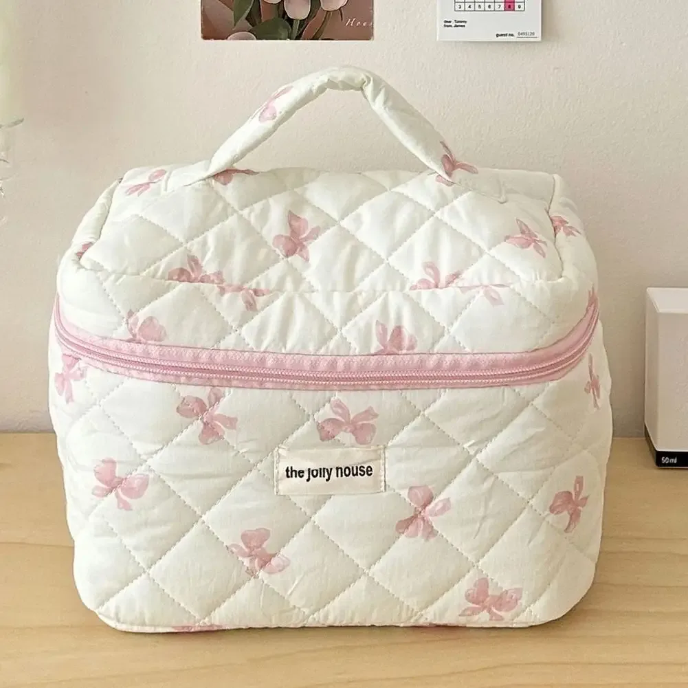 trousse de maquillage matelassée à nœud blanc, jolie pochette à cosmétiques pour filles, grande capacité, organisateur de toilette de voyage, sac à main, sac de lavage portable