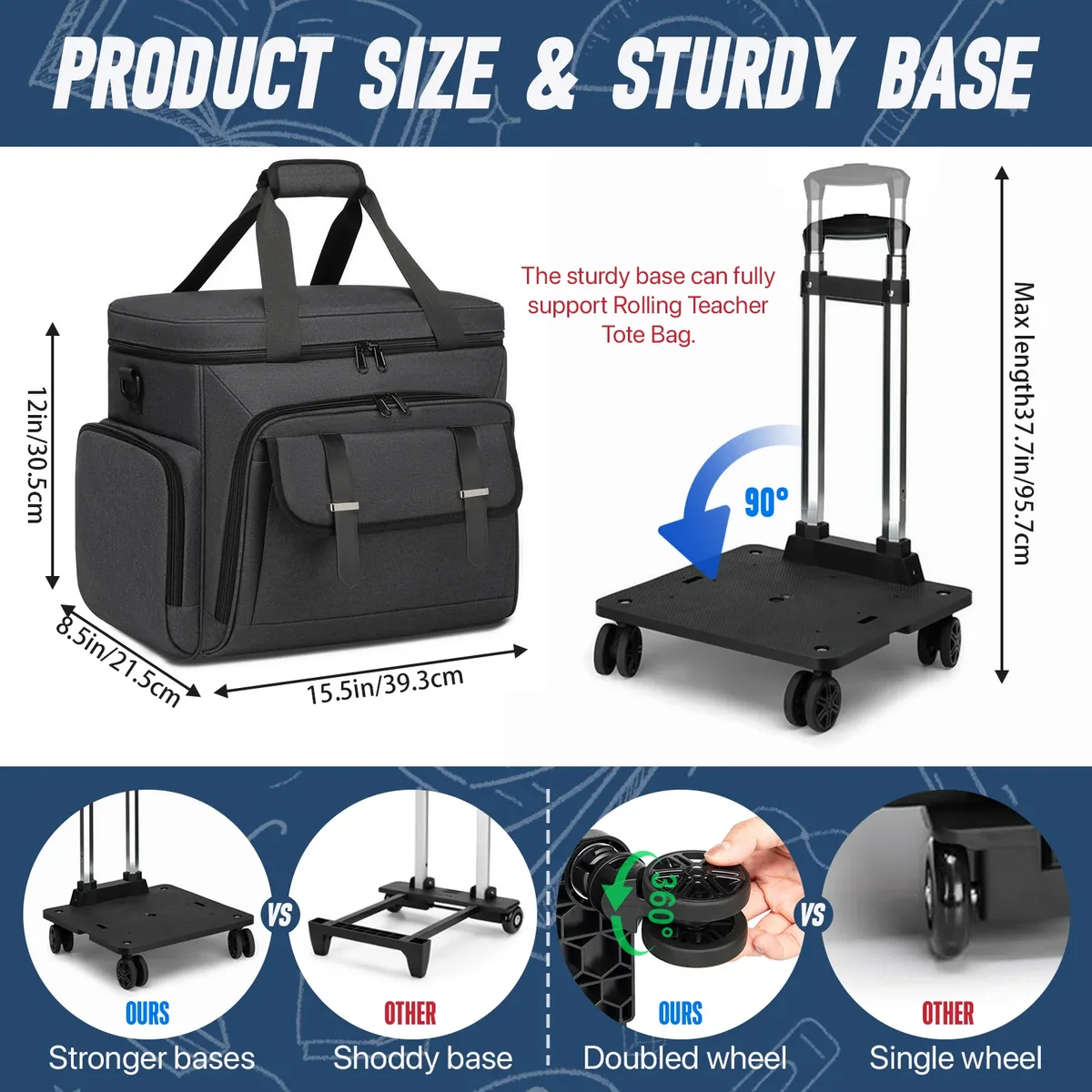 sac fourre-tout pour enseignant à roulettes, grand fourre-tout avec chariot à roulettes détachables, sac pour ordinateur portable de 15.6 pouces, sac pour enseignant à roulettes pour le travail et le bureau