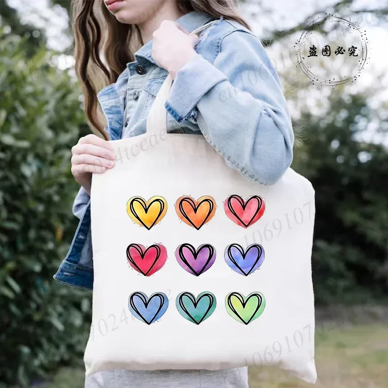 sac de shopping pour femmes minimaliste aquarelle coeur imprimé graphique sacs à bandoulière étudiants filles fourre-tout décontractés femmes sacs à main hg01