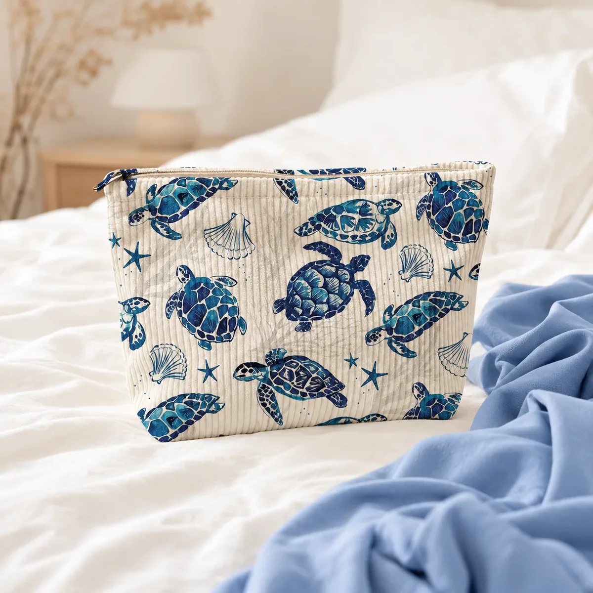 trousse de maquillage en velours côtelé bleu tortue marine grande capacité, organisateur de toilette de voyage pour femmes, essentiels de vacances à la plage