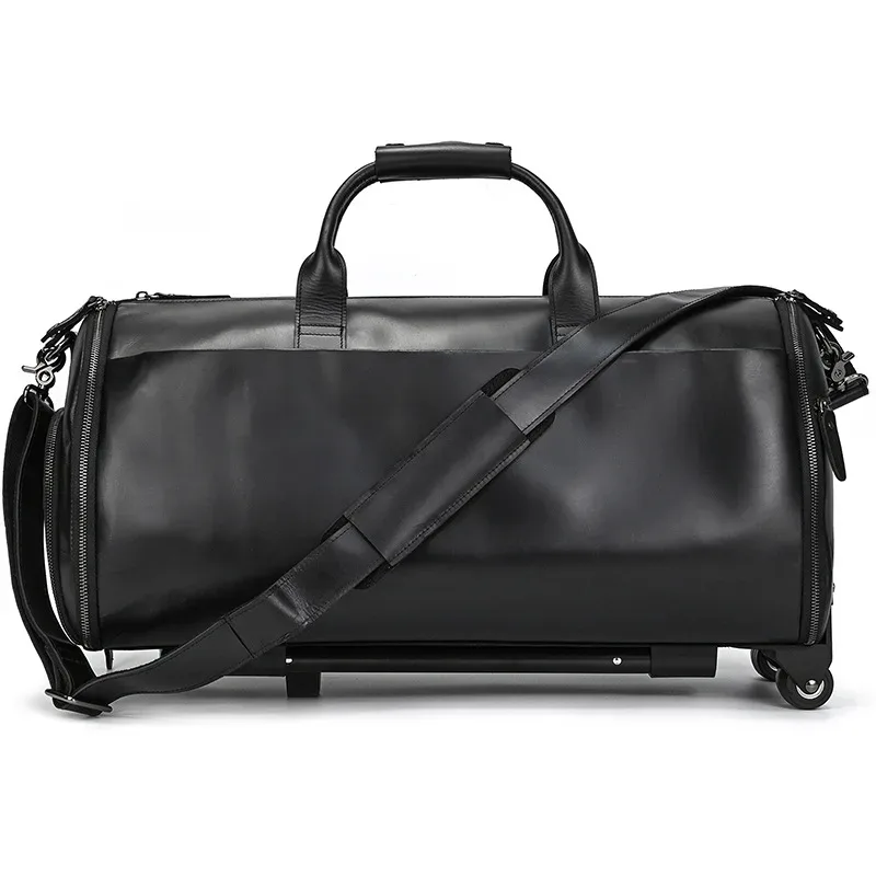 sac de voyage à roulettes en cuir véritable pour homme, sac de sport roulant en cuir de vachette crazy horse de 22 pouces avec compartiment à chaussures, grand sac de rangement
