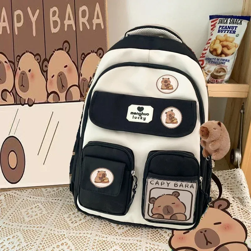 sac dos nylon beige accents marron blanc motifs ours poches multiples étudiant voyage décontracté