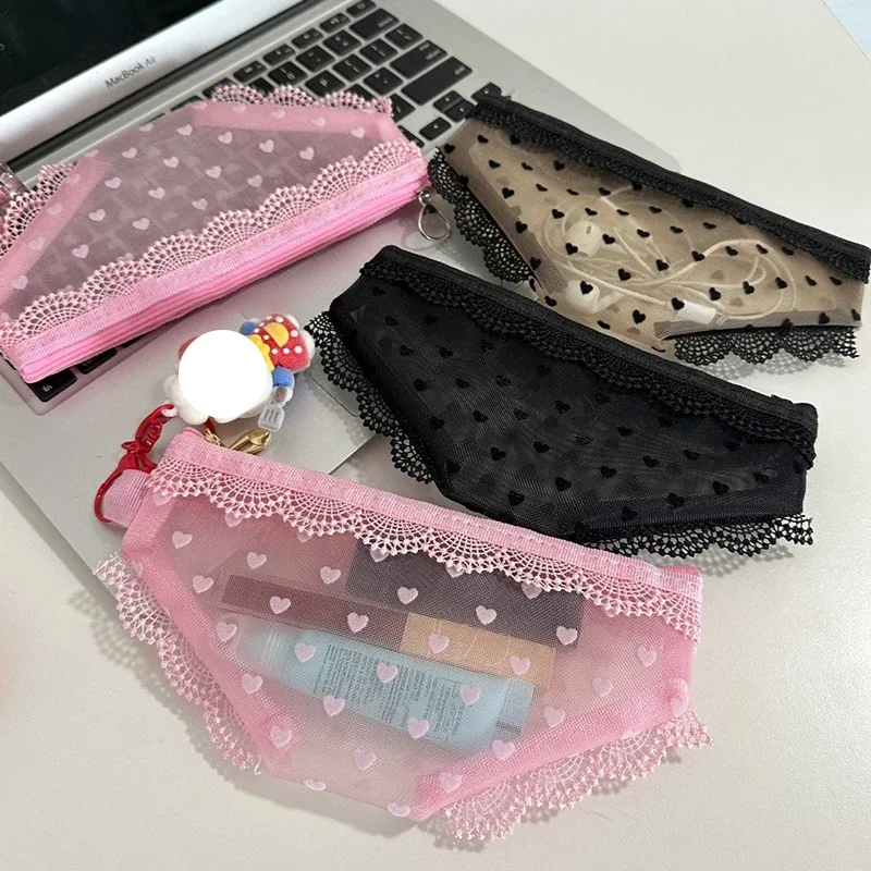 pochette de maquillage transparente y2k en maille et dentelle, forme cœur, style ins, trousse de toilette de voyage