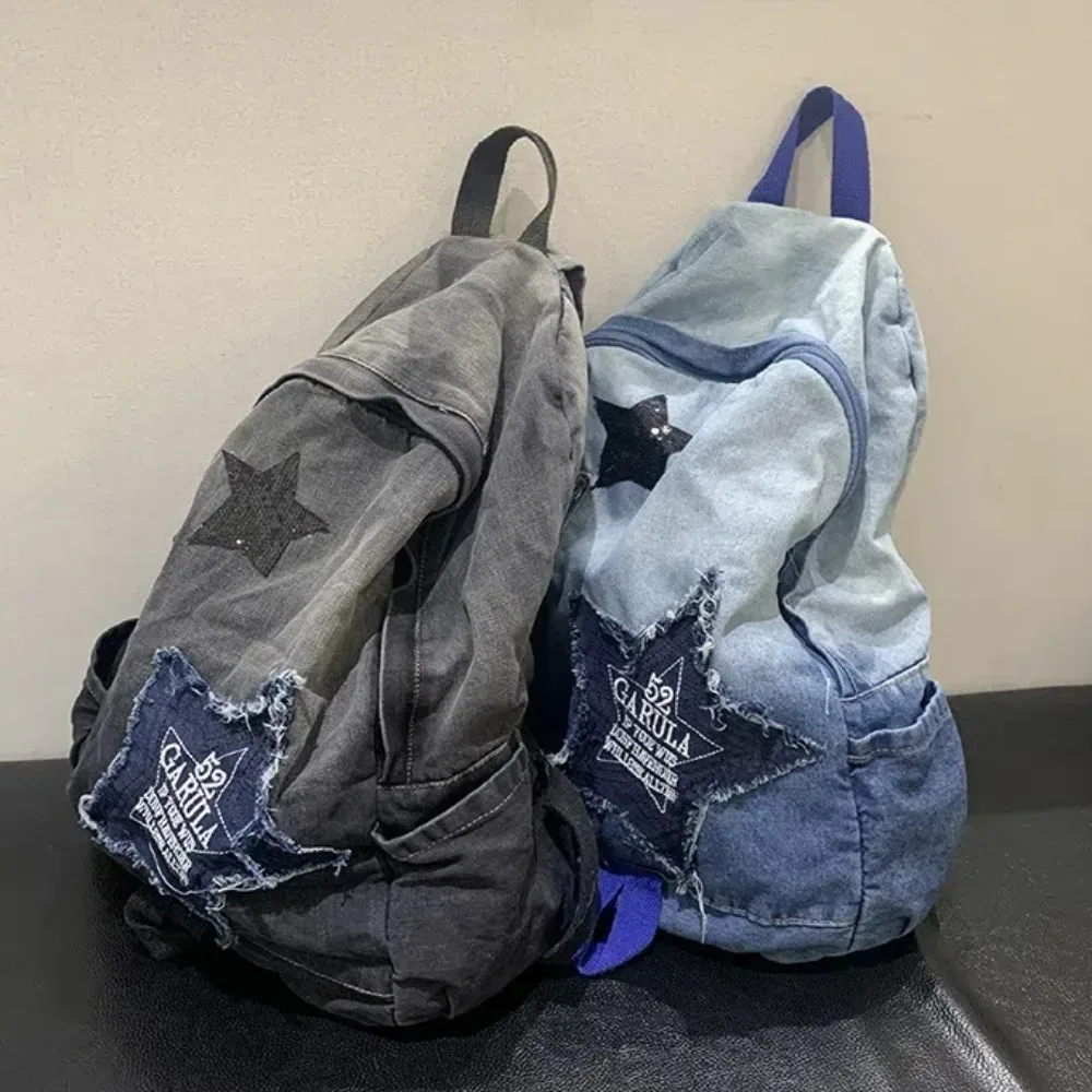 nouveau sac à dos en denim à motif d'étoile y2k, cartable d'étudiant punk, sac à dos de voyage de grande capacité pour étudiants