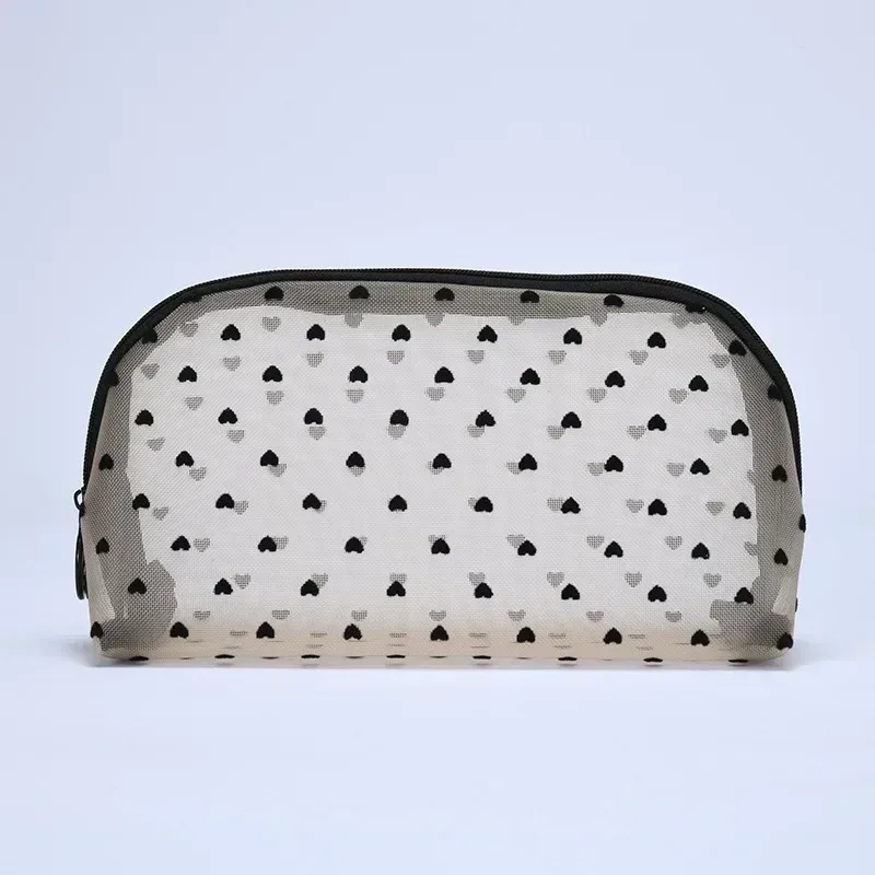 sac à cosmétiques en maille de nylon, organisateur de toilette en forme de cœur à fermeture éclair, sacs de maquillage multifonctionnels pour femmes, rouge à lèvres, clé, porte-monnaie