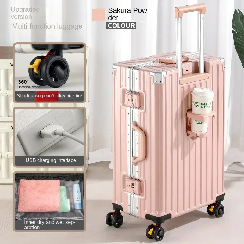 valise de voyage multifonction avec frein à roue, chargement usb, cadre en aluminium, pour hommes et femmes, bagage cabine