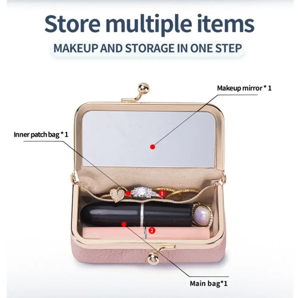 pochette à rouge à lèvres portable avec miroir de maquillage, sac à bijoux en cuir exquis, sac cosmétique multifonctionnel de couleur unie pour le rangement