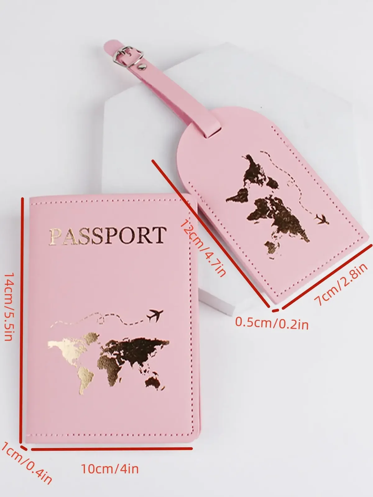 étiquette bagage cuir verni rose carte monde dorée voyage identification passeport porte nom adresse