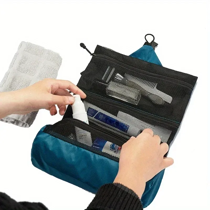 trousse de toilette pliable de voyage pour hommes, pochette de rangement de lavage portable avec séparation sèche et humide, trousse de maquillage étanche pour femmes