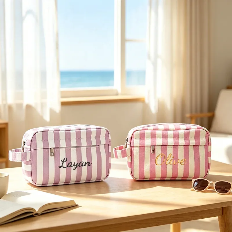 trousse de toilette rayée à double compartiment, portable pour les voyages, idéale pour les trajets quotidiens, les vacances, la plage, les fêtes, cadeaux créatifs, anniversaires, rentrée scolaire, remise des diplômes.